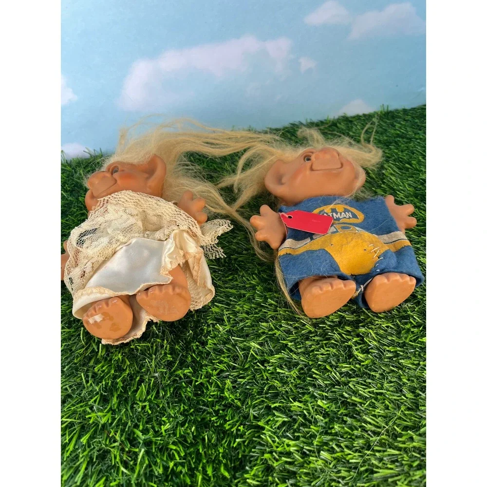 Vintage Troll Doll Lot of 2 Batman Outfit and White Lace Dress 5 Inch Wishnik